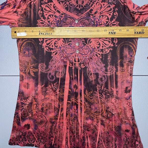 ENERGE WORLD WEAR Top Rhinestone Long Sleeve Hippie Boho Womens M Maroon Purple - Picture 5 of 10